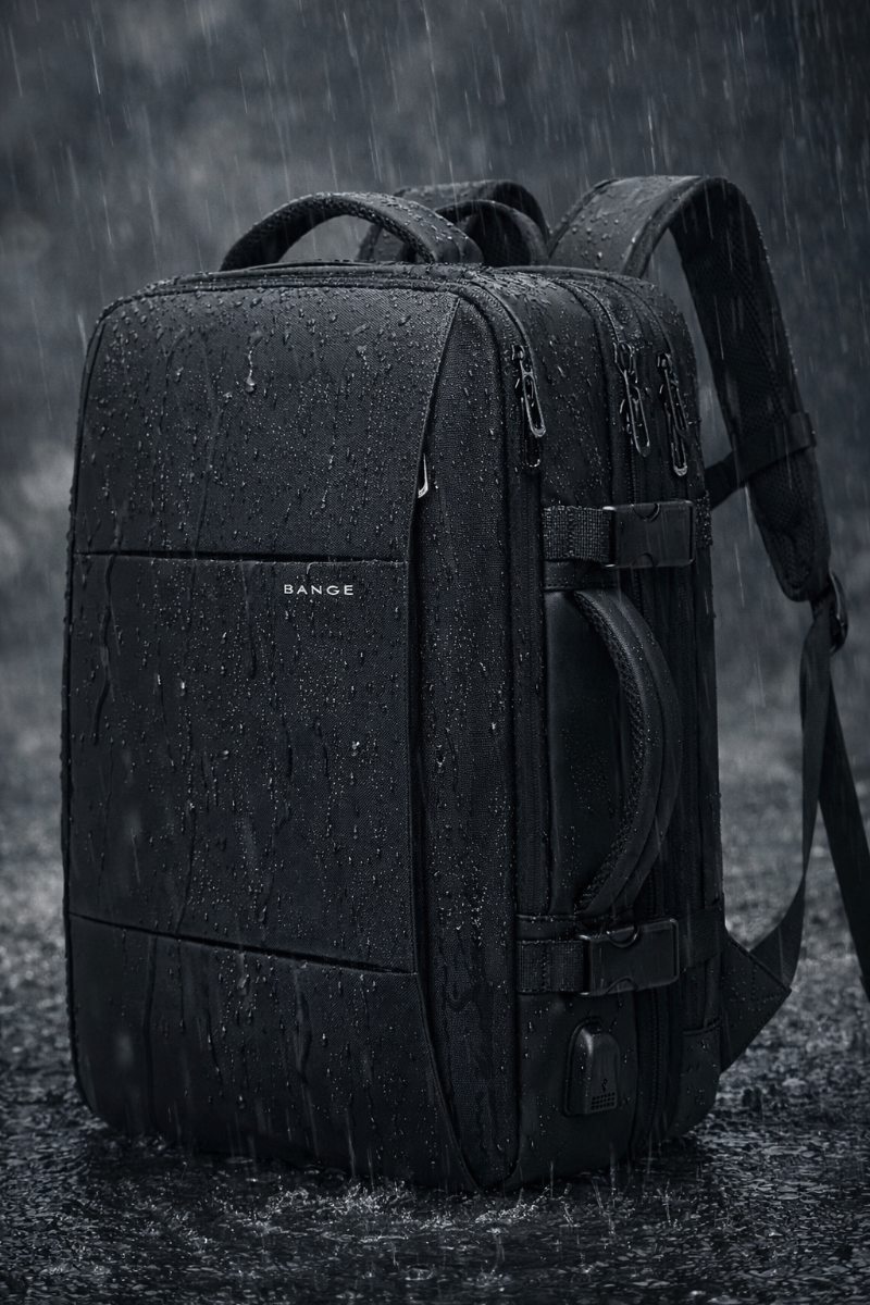 Black backpack with visible brand logo on a dark background