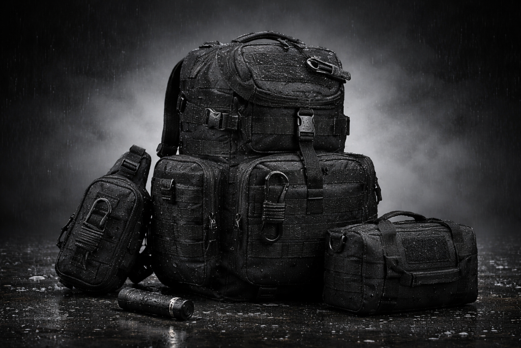 Tactical backpack, vest with pouches, and holster arranged in a rugged outdoor environment
