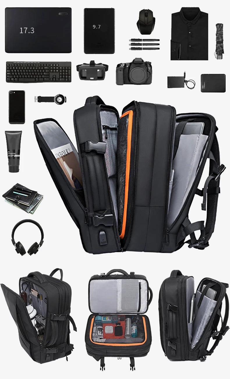 Black backpack with various compartments and items displayed around it