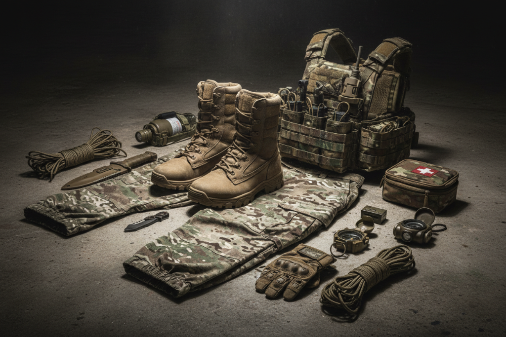 Tactical apparel with clothing, boots, gloves, and hats for field conditions
