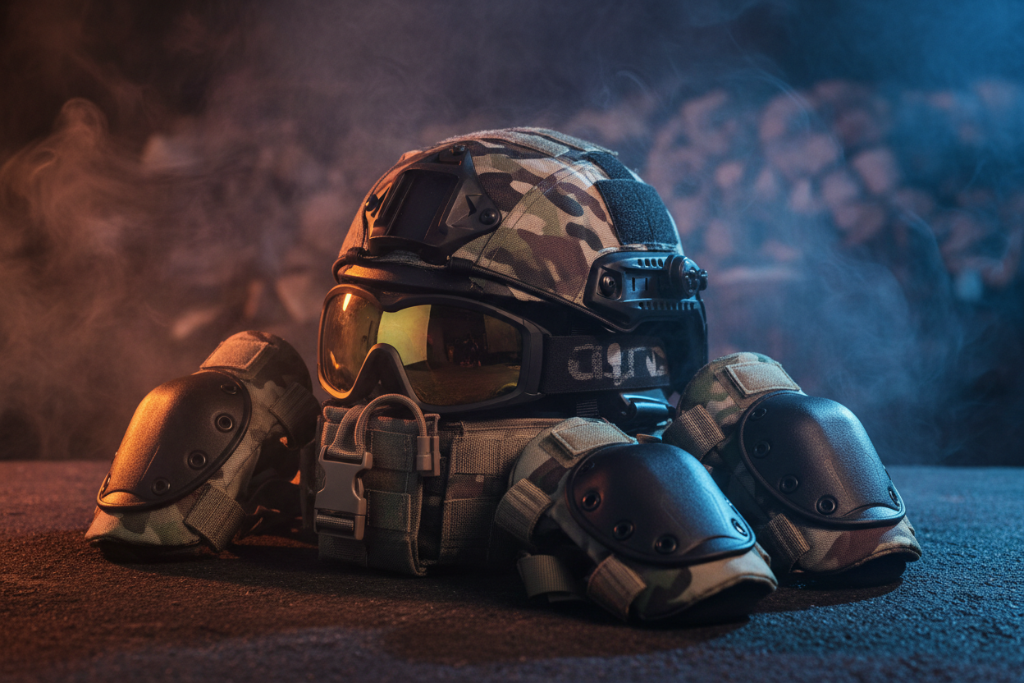 Protective safety gear including helmet, eye protection, knee pads, and elbow pads for tactical use
