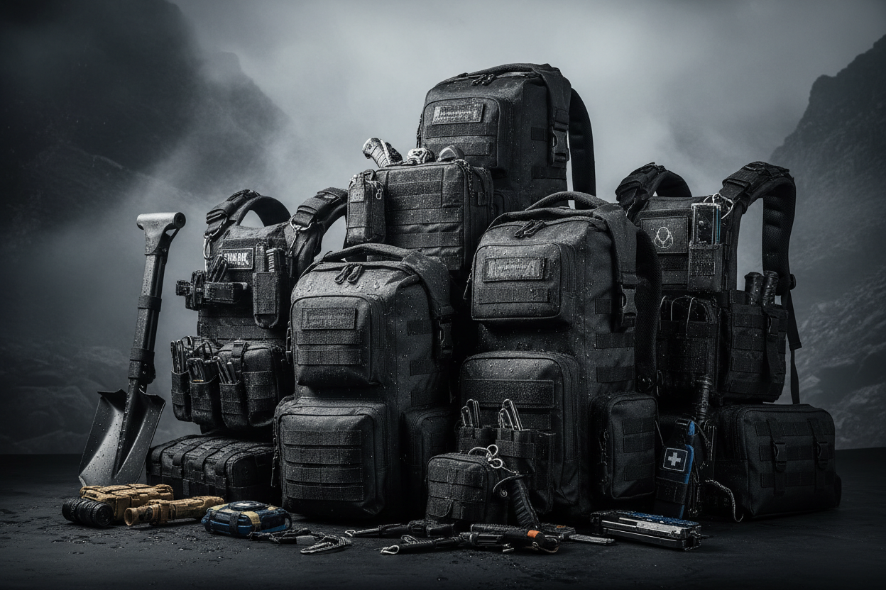 New tactical gear including backpack, flashlight, and knife arranged outdoors