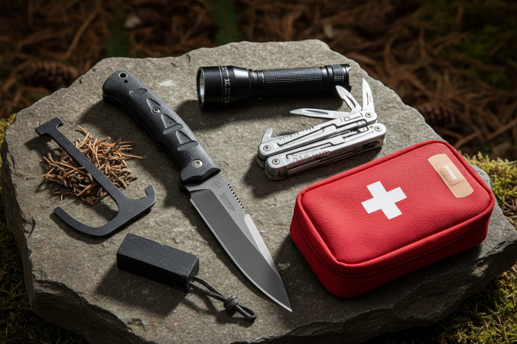 Survival tools including knife, multi-tool, flashlight, first aid kit, and fire starter arranged outdoors